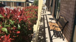 A covered outdoor area with a bench, a row of windows, and a building in the background.