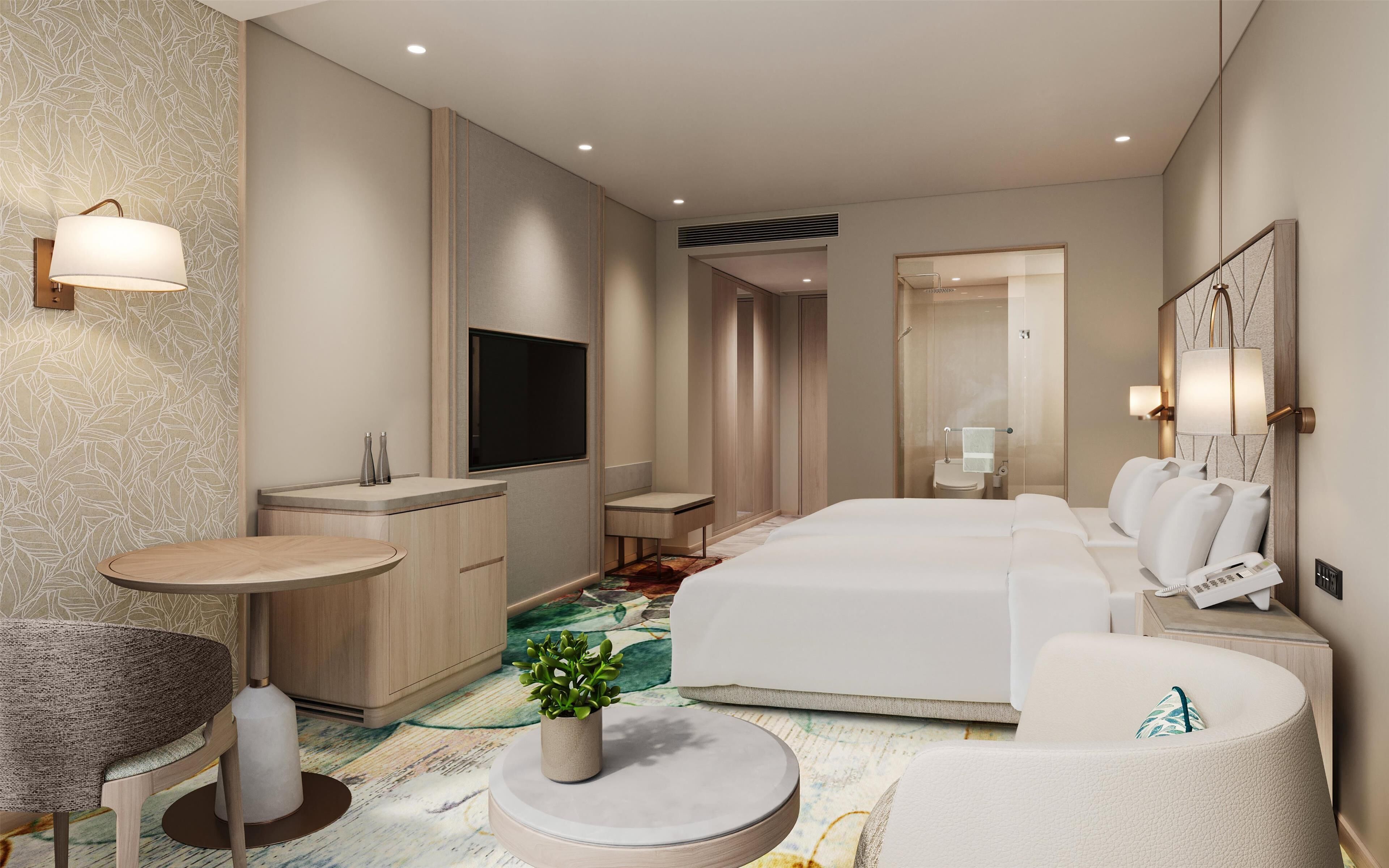 twin guest room high floor | in-room safe, desk, laptop workspace, blackout curtains