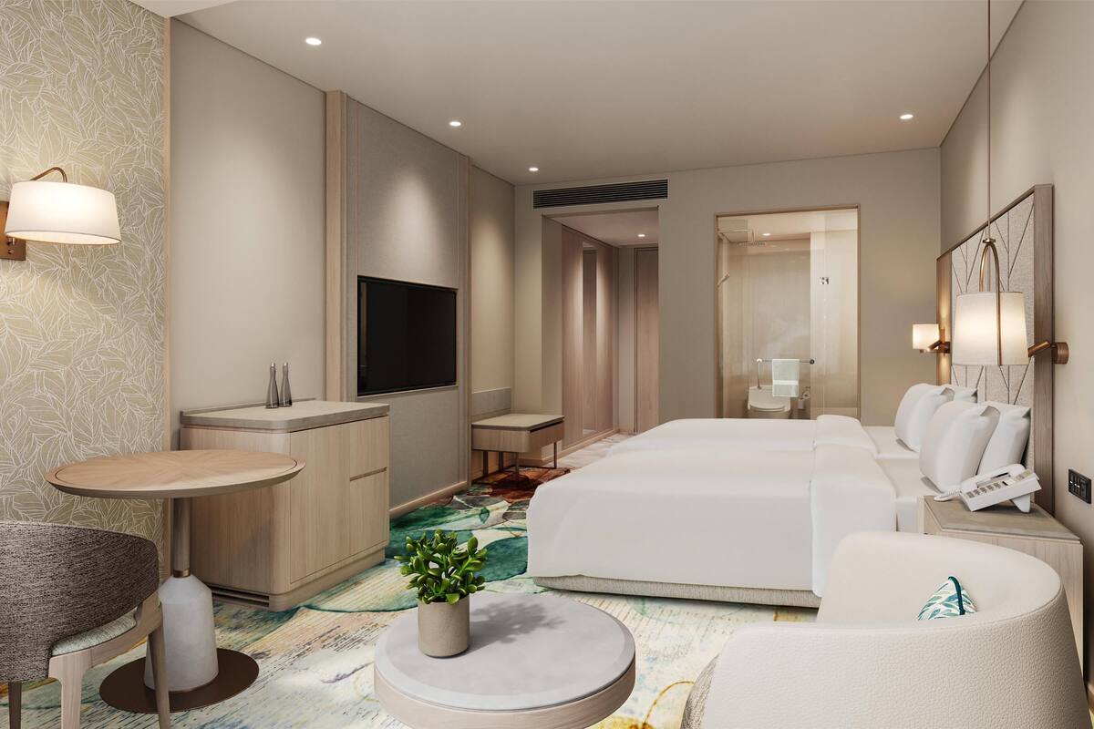 twin guest room high floor | in-room safe, desk, laptop workspace, blackout curtains