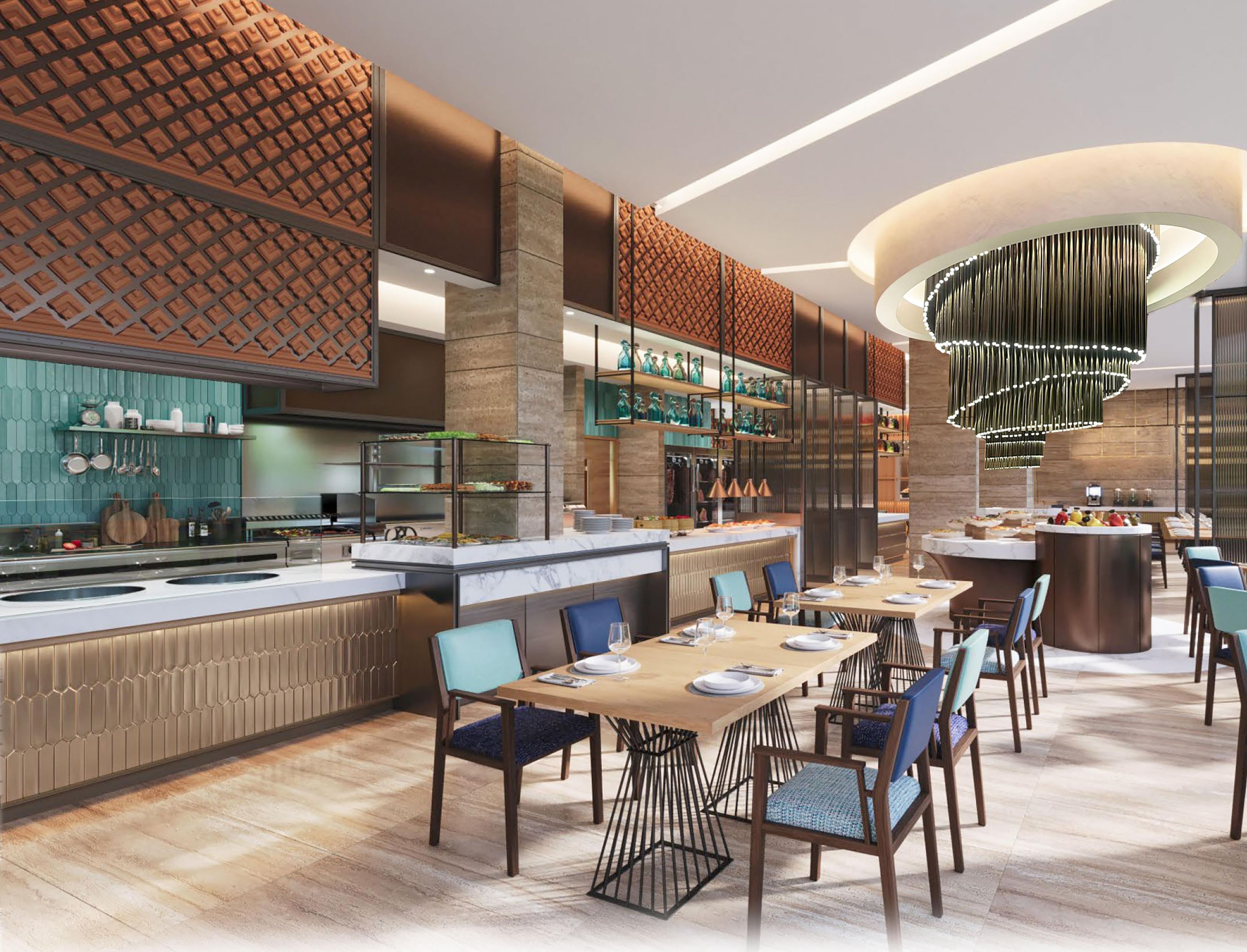 A modern restaurant interior with a bar area, dining tables, and chairs.