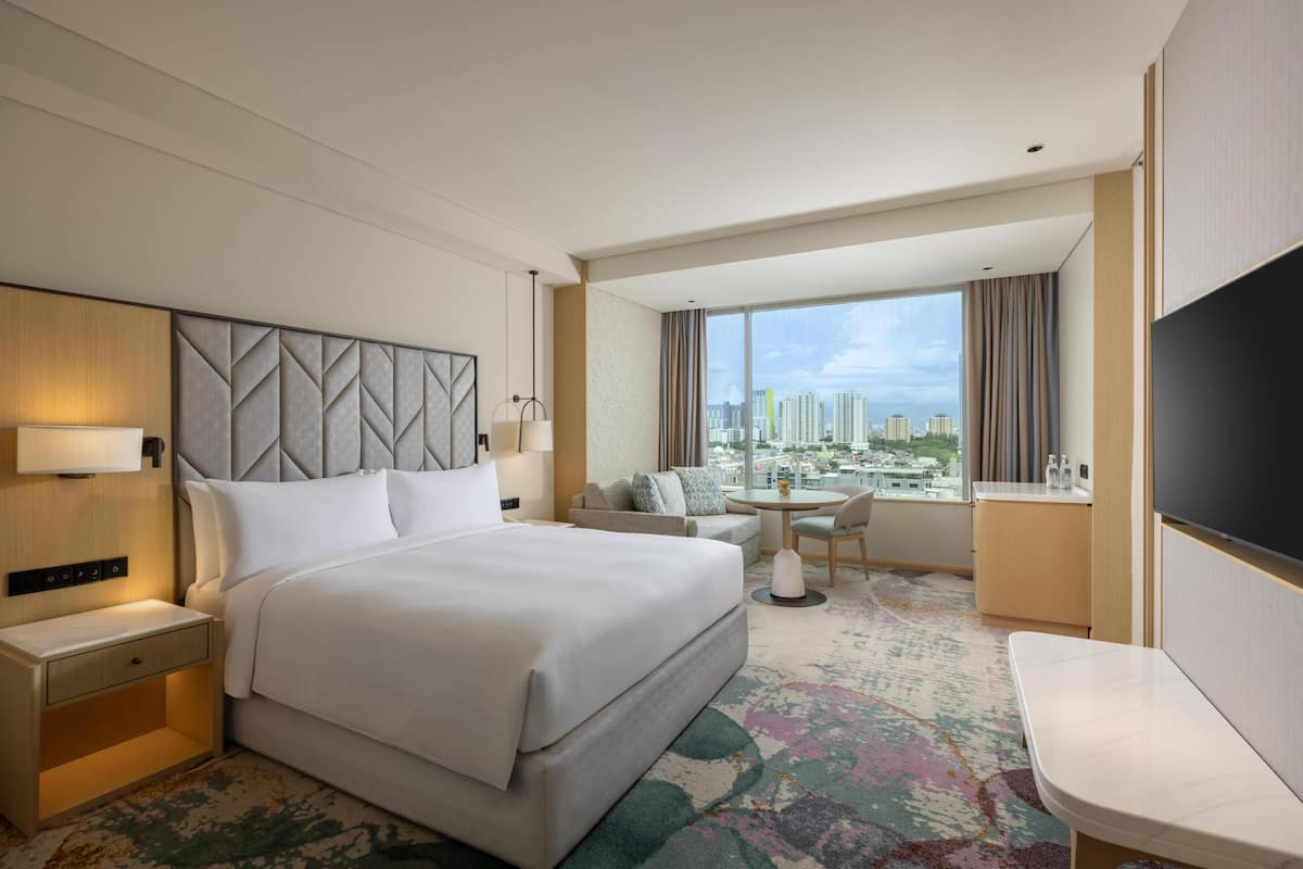 A hotel room with a large bed, a desk, a chair, a TV, and a view of the city.