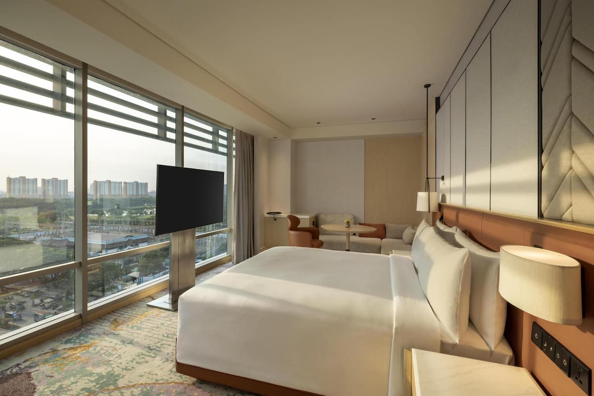 A hotel room with a large bed, a TV, a desk, and a view of the city.