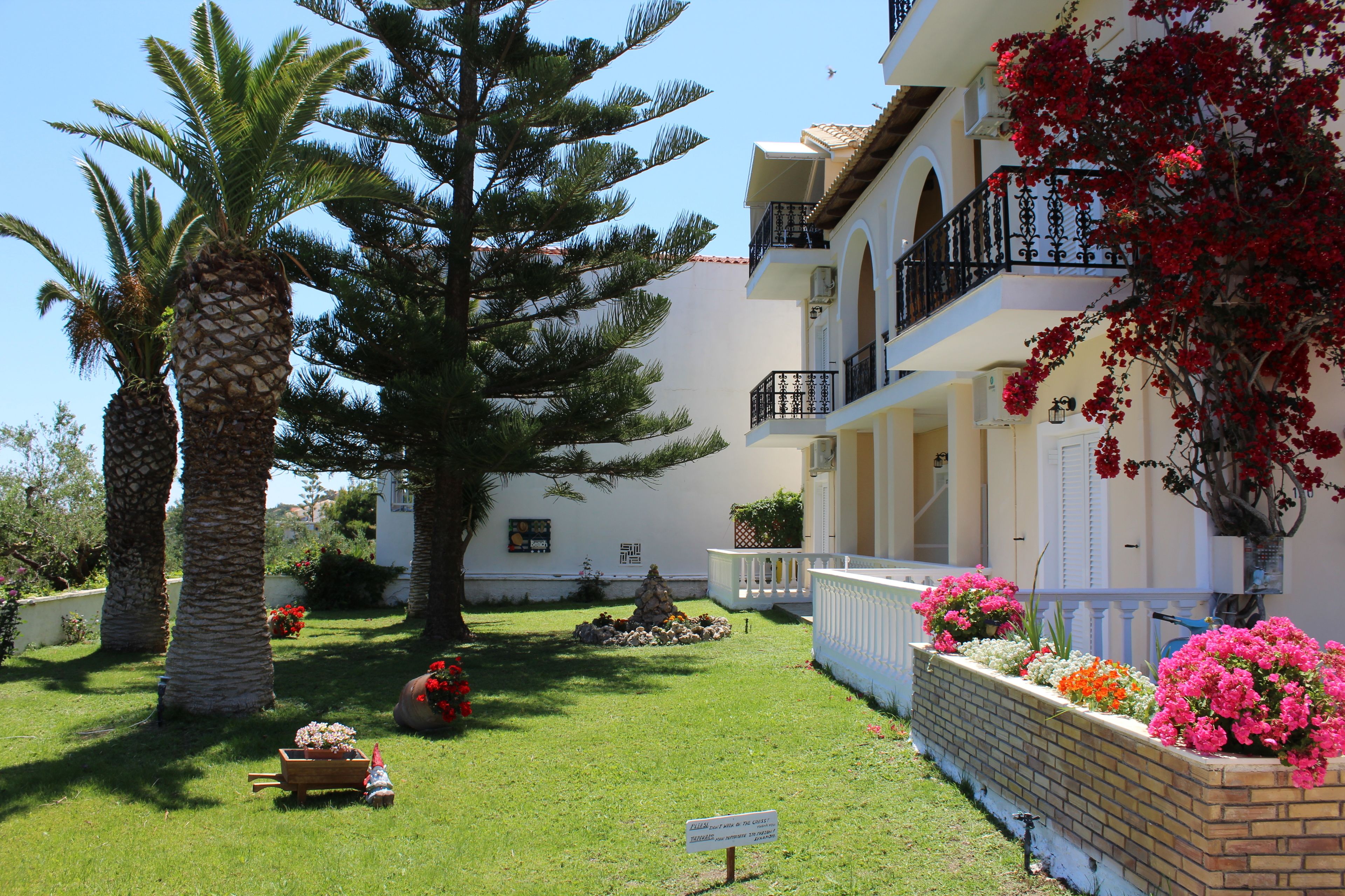 Un patio de hotel con palmeras, un parterre de flores y un cartel.