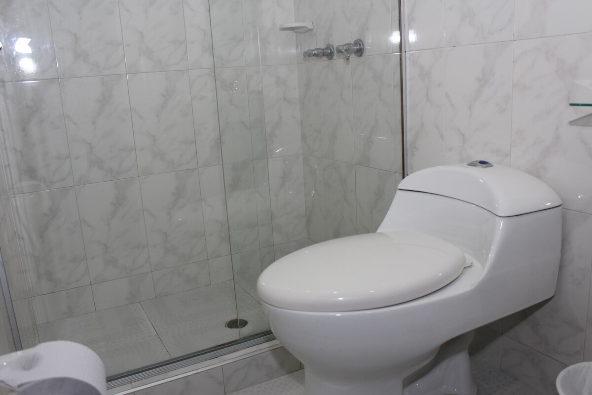 Een badkamer met toilet, douchecabine en een betegelde wand van marmer.