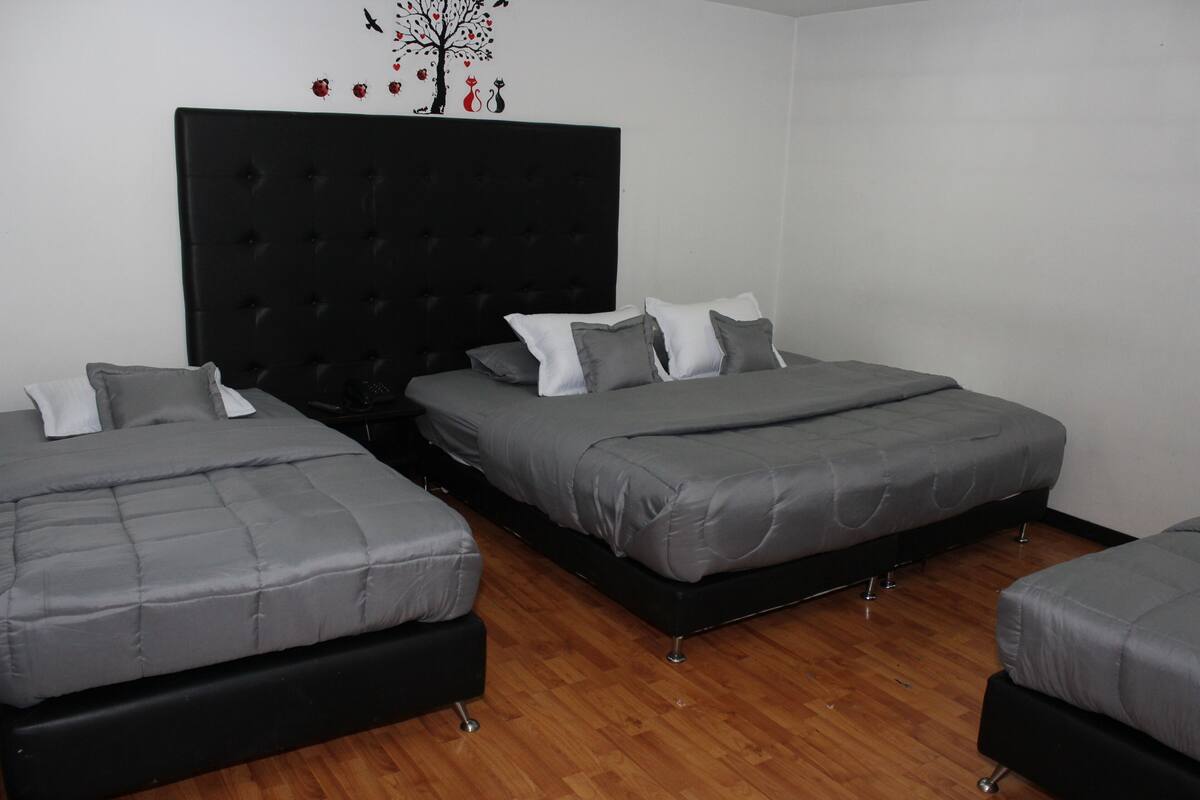 Ein Zimmer mit zwei Betten, einem schwarzen Kopfteil und Holzboden.