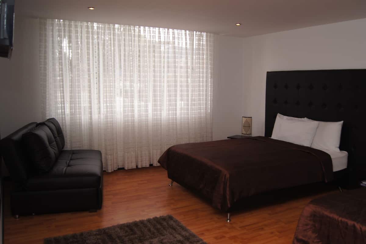 Minibar, cortinas blackout, tabla de planchar con plancha y camas extra