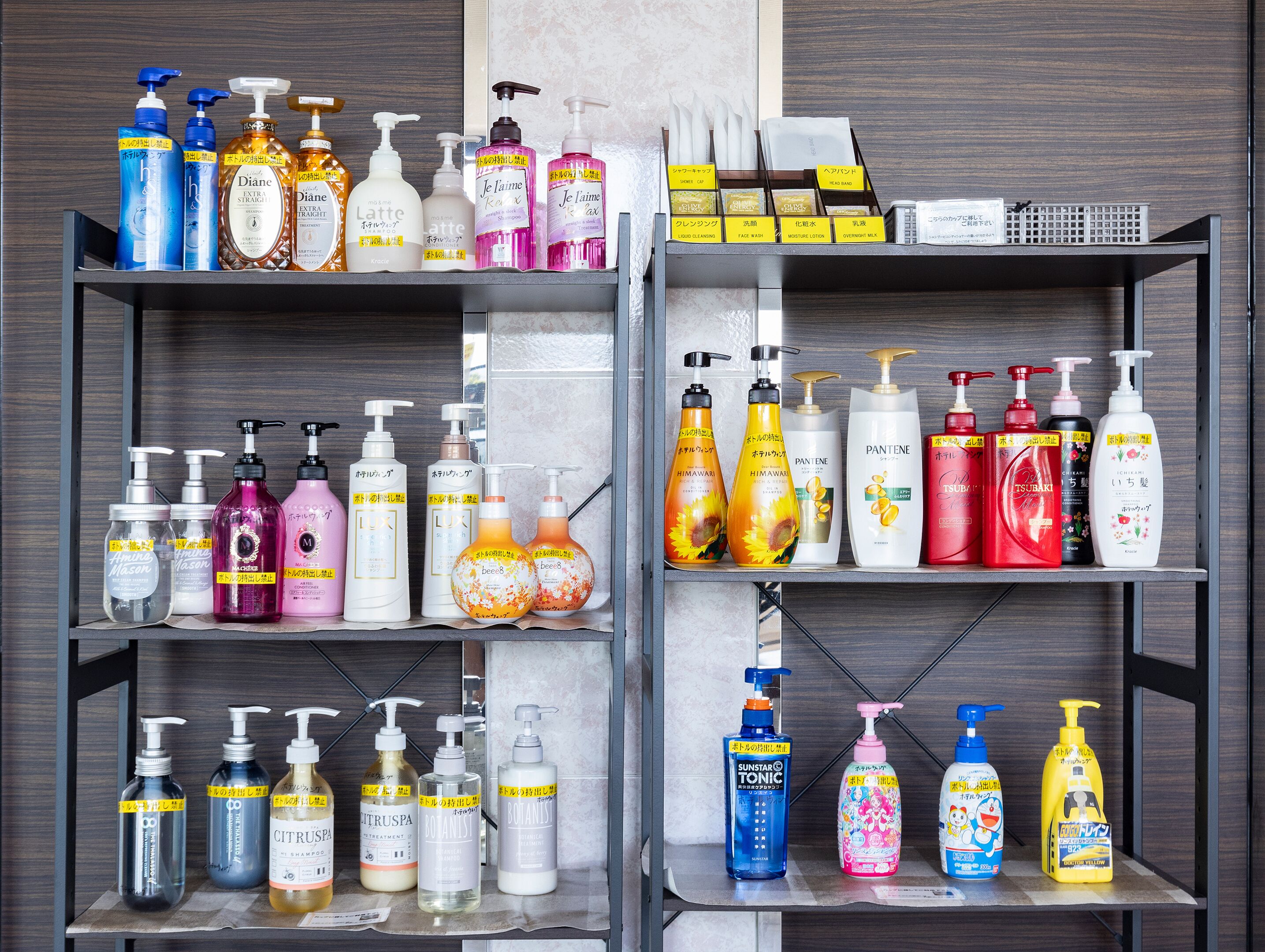 On trouve une grande variété de produits de toilette sur les étagères, notamment des bouteilles de shampoing, d’après-shampoing, de gel douche et de lotion.