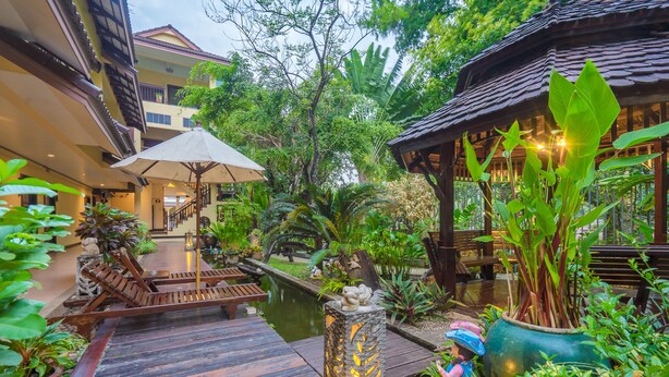Une cour avec une terrasse en bois, un petit étang et une végétation luxuriante.