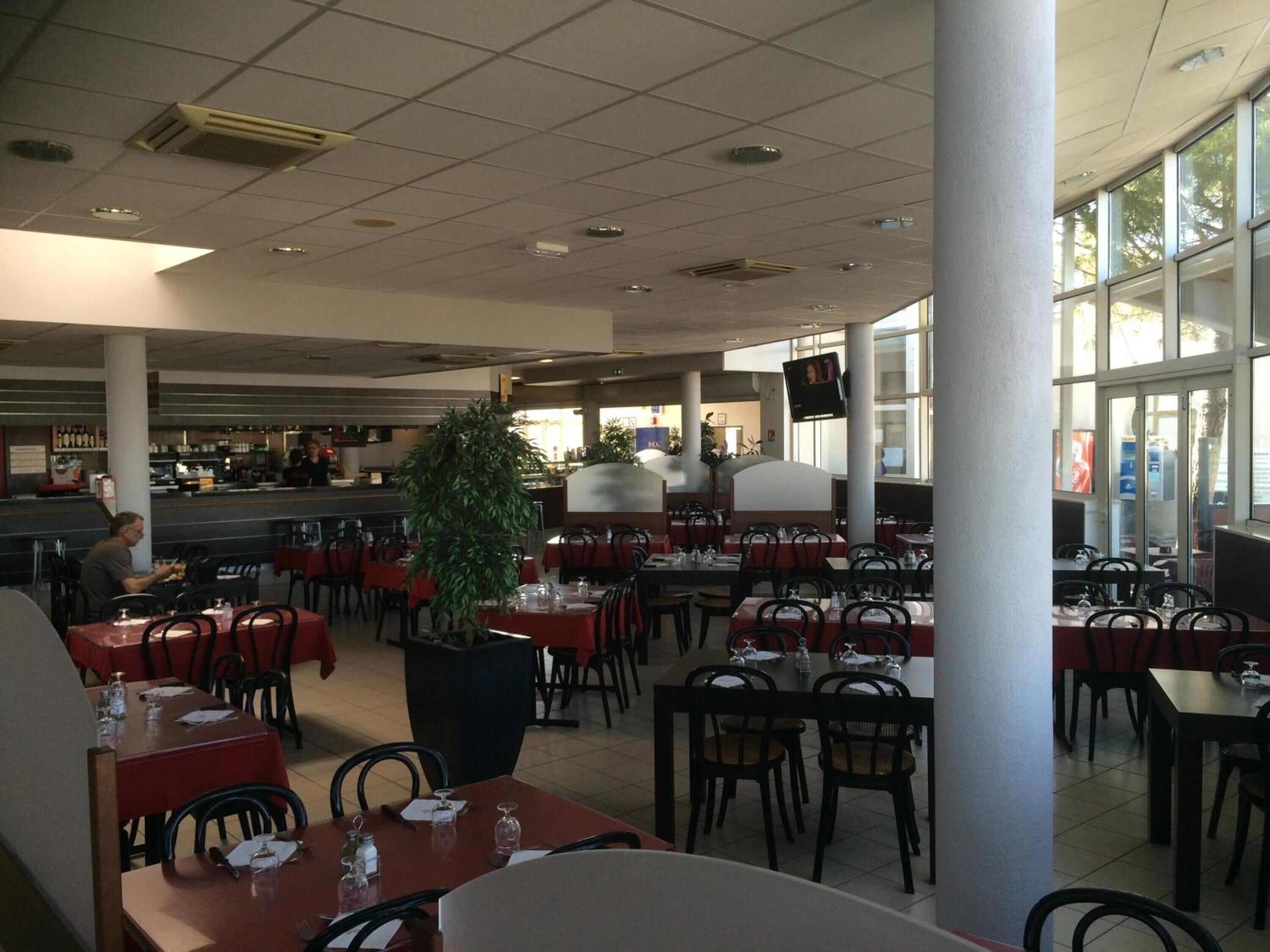Un vaste espace intérieur aménagé pour les repas, avec de nombreuses tables et chaises, une grande plante en pot et un bar situé au fond de la pièce.