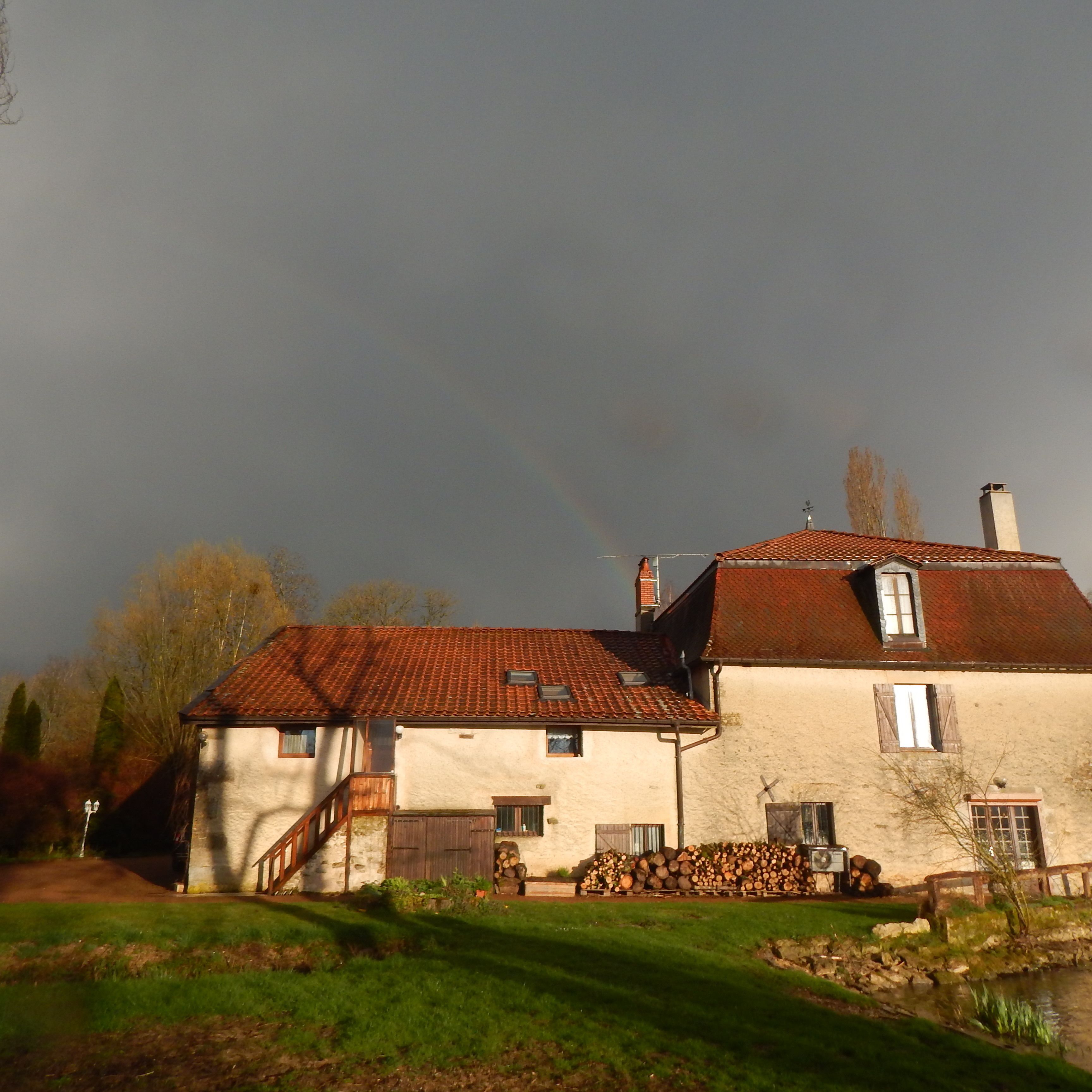 Ein zweistöckiges Haus mit rotem Ziegeldach, Schornstein und einem kleinen Garten mit Teich.