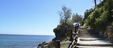 A coastal staircase leading to a cliff overlooking the sea, surrounded by greenery and palm trees.