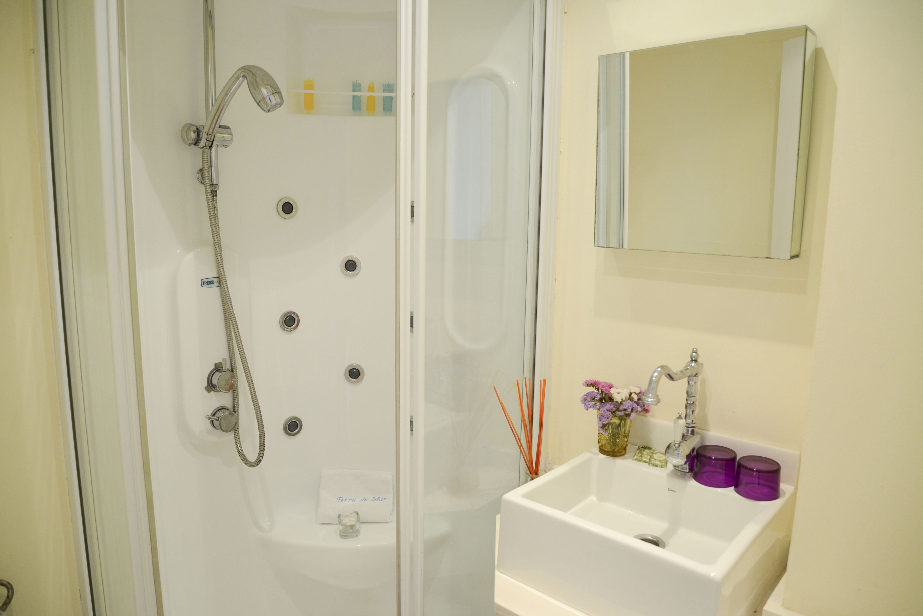 A bathroom with a glass-enclosed shower, a white sink with a mirror above it, and a small vase with flowers on the sink.