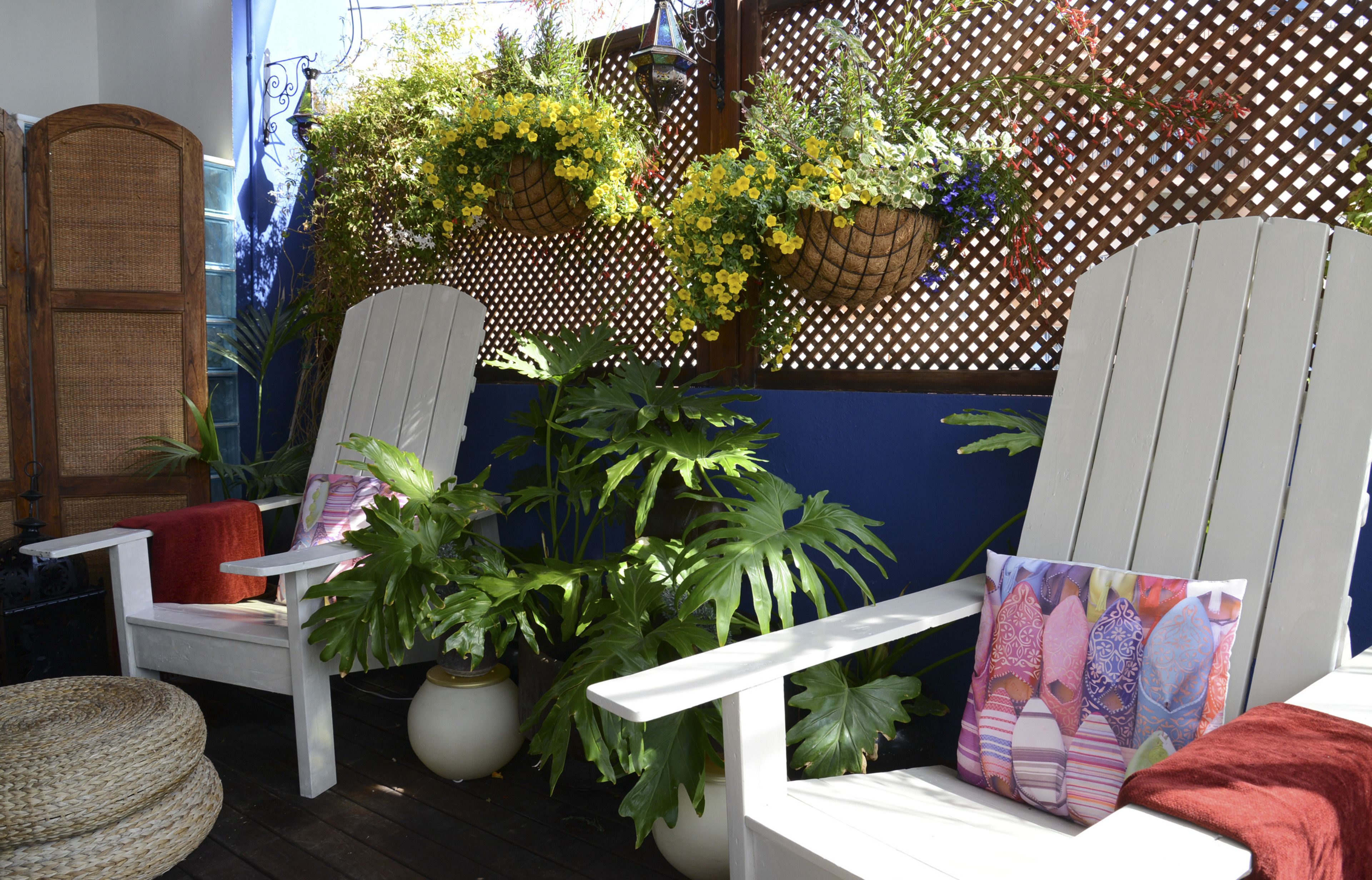 A patio area with white Adirondack chairs, a woven basket, and potted plants.