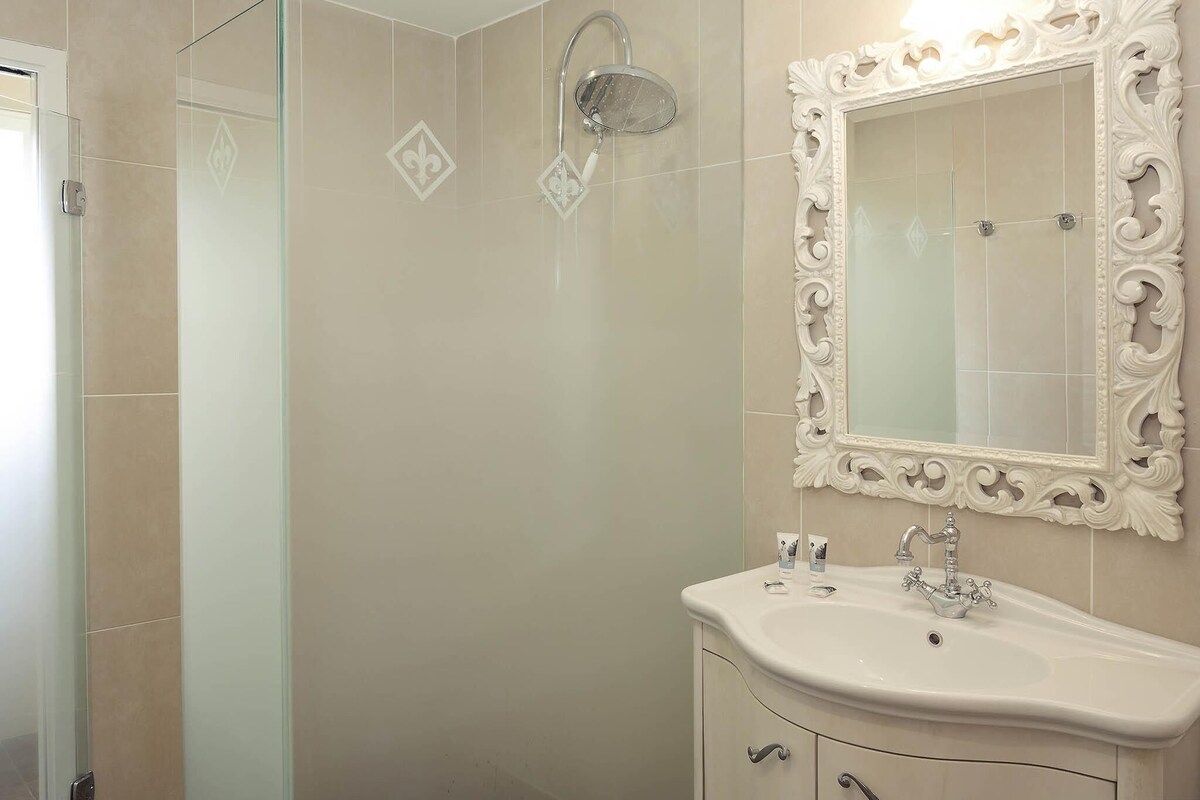 A bathroom with a glass shower enclosure, a large ornate mirror, and a white sink with a single faucet.