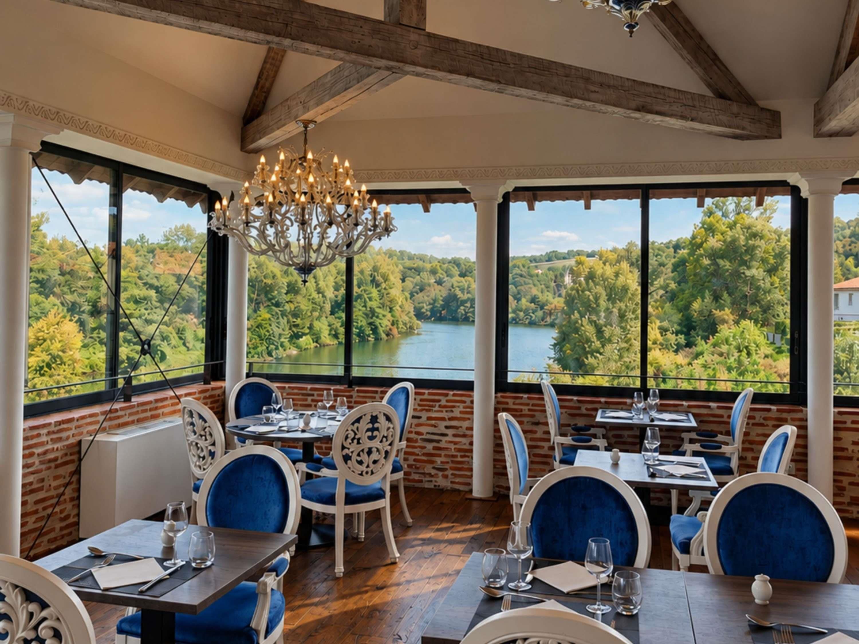 Un'area pranzo con tavoli e sedie, ampie finestre vista su un lago e una foresta, e un lampadario.