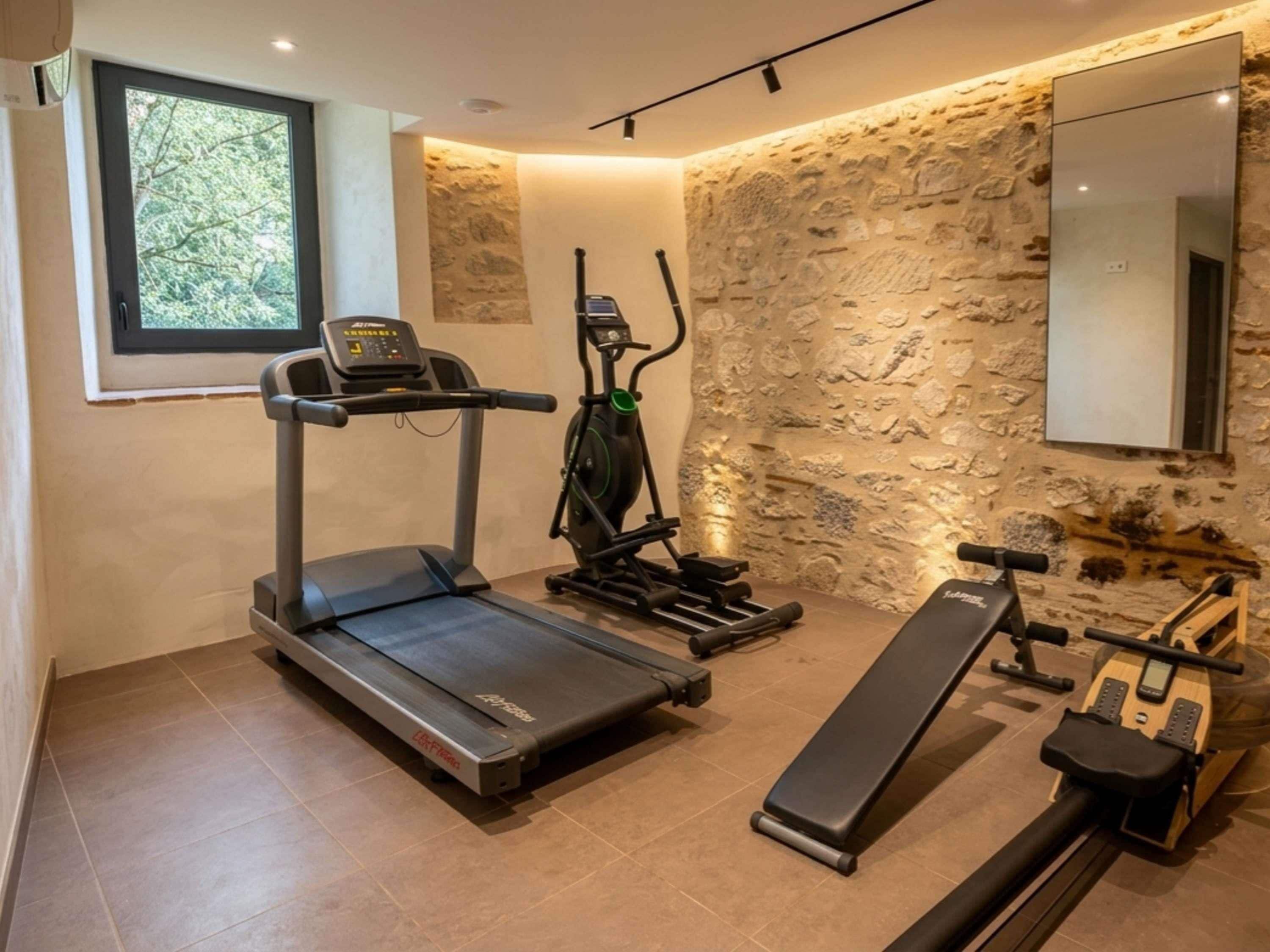 Une salle de sport à domicile équipée d’un tapis de course, d’un vélo elliptique et d’un rameur.