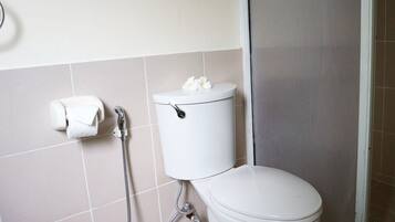Un baño con inodoro, ducha y dispensador de papel higiénico.