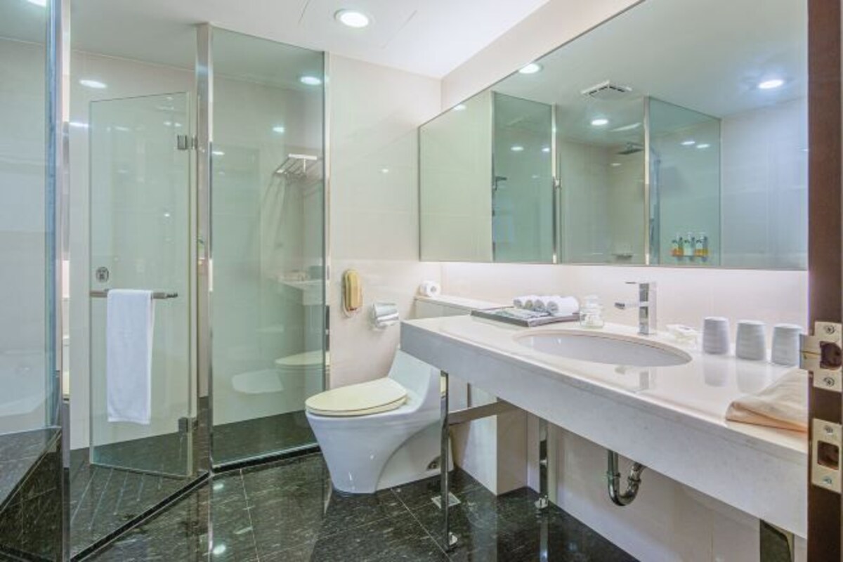 A modern bathroom with a glass-enclosed shower, a white toilet, and a large mirror above a white sink.