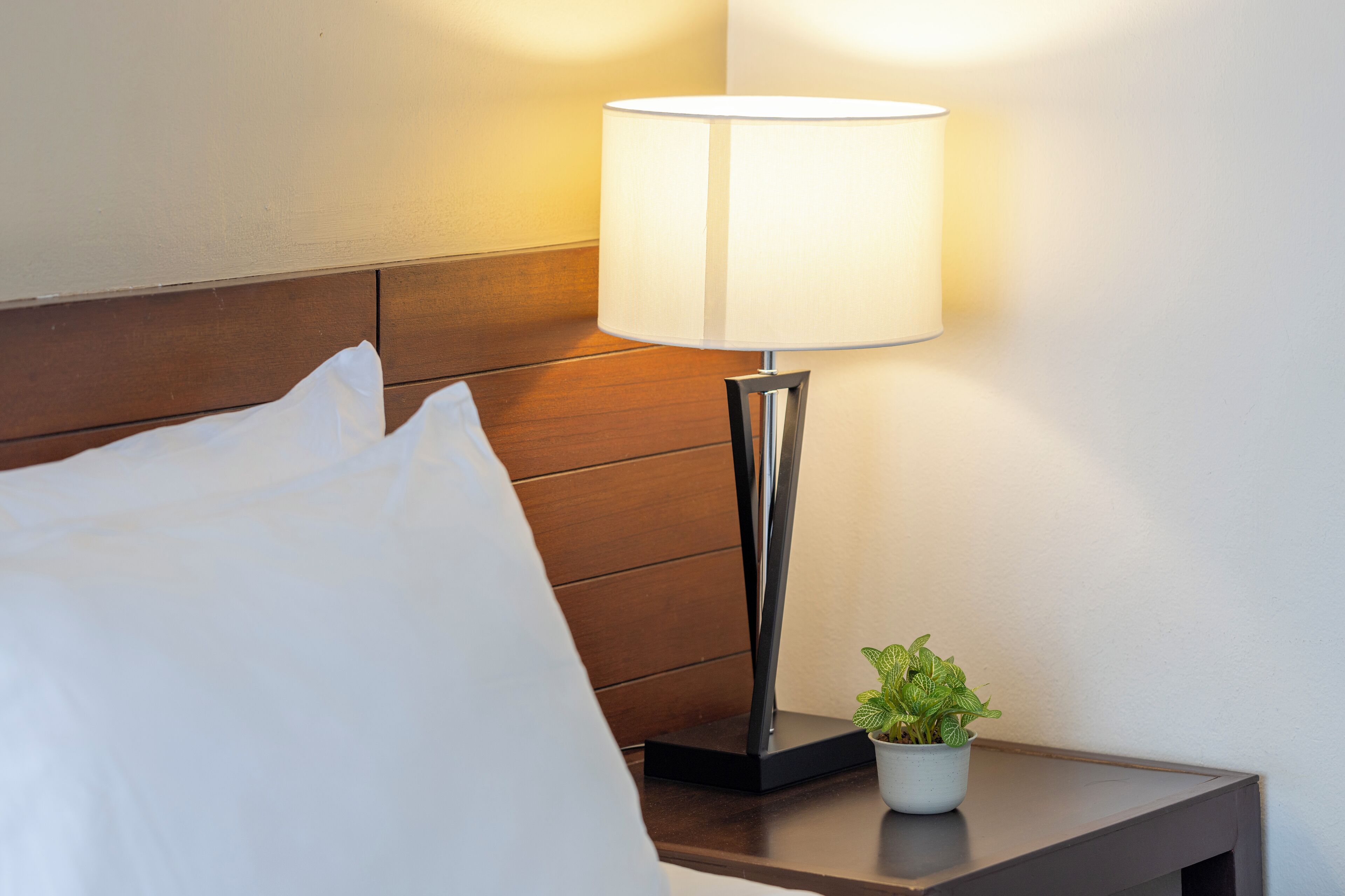 A neatly made bed with white linens, a modern floor lamp, and a small potted plant on a wooden nightstand.