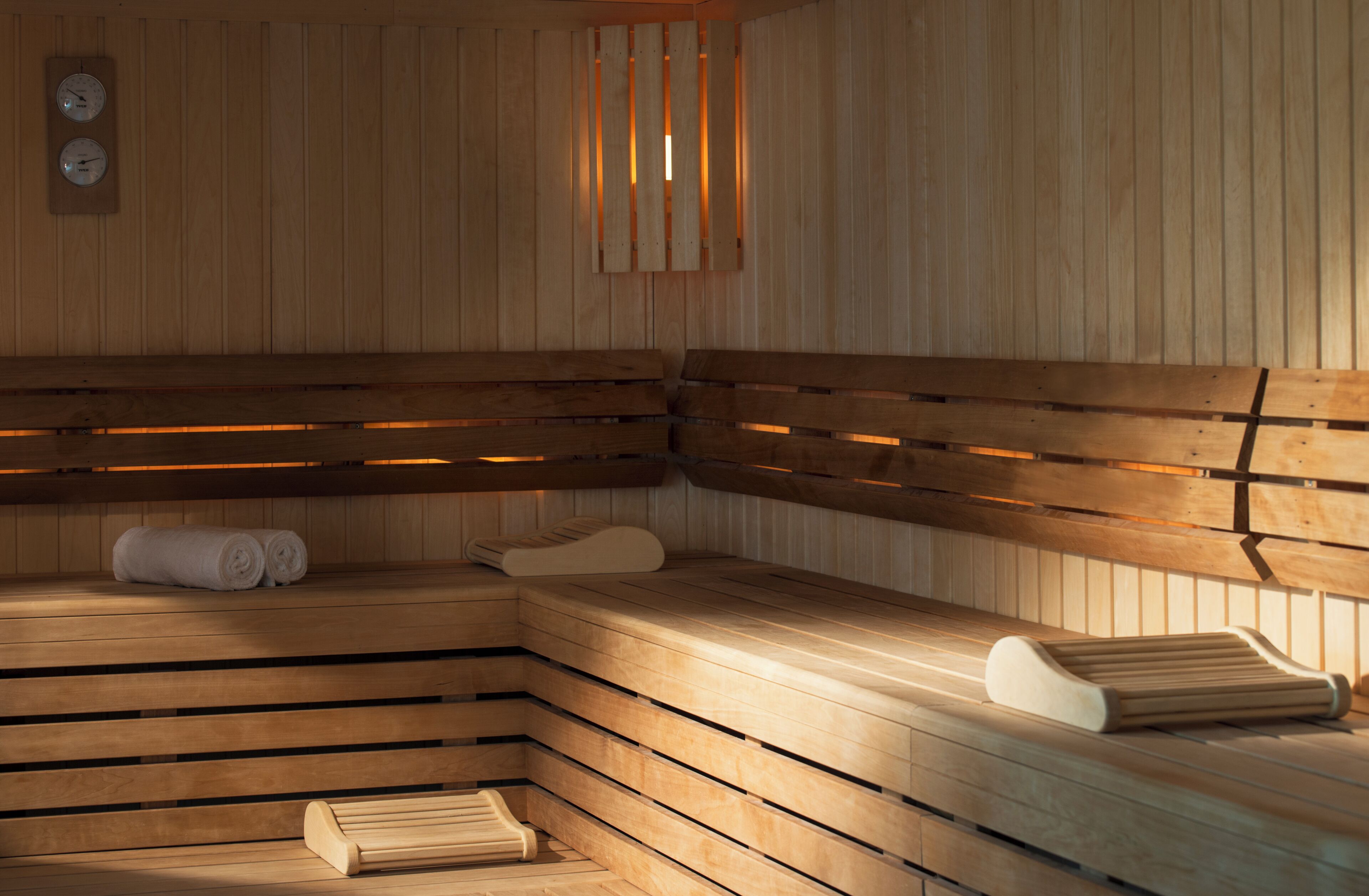 Una sauna con panche in legno, un portascopevoli e una parete in legno.