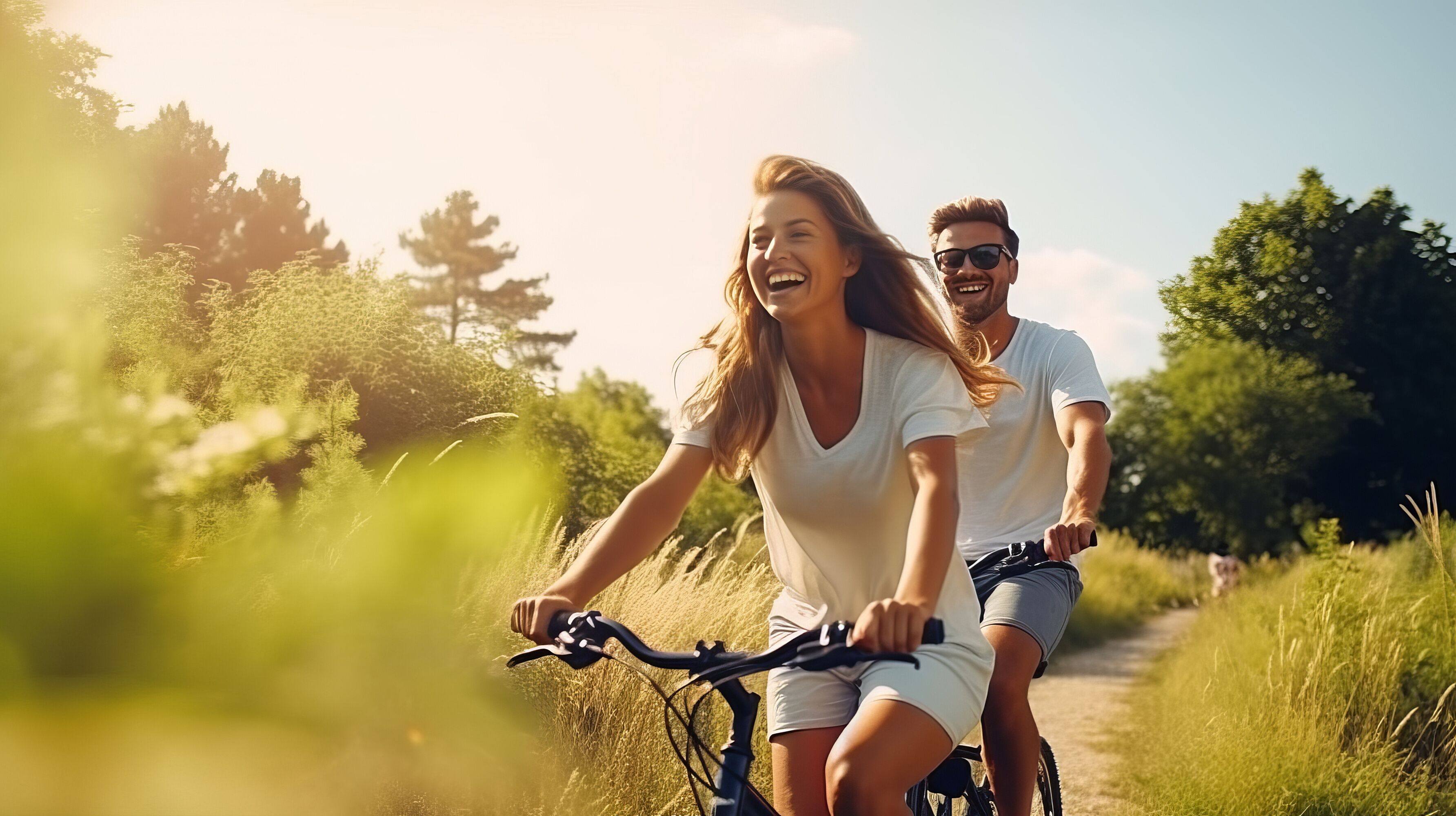 Dos personas montando en bicicleta por un sendero iluminado por el sol, rodeado de follaje.