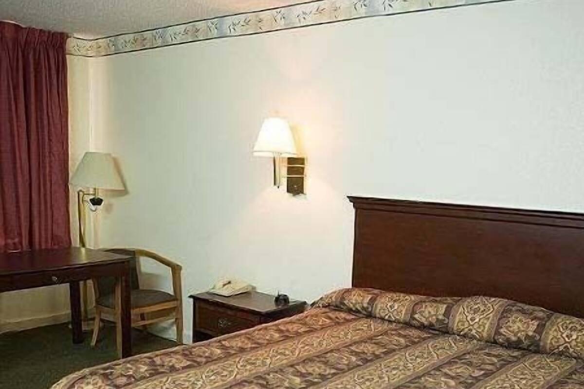 A hotel room with a bed, a desk, a chair, a lamp, and a nightstand.