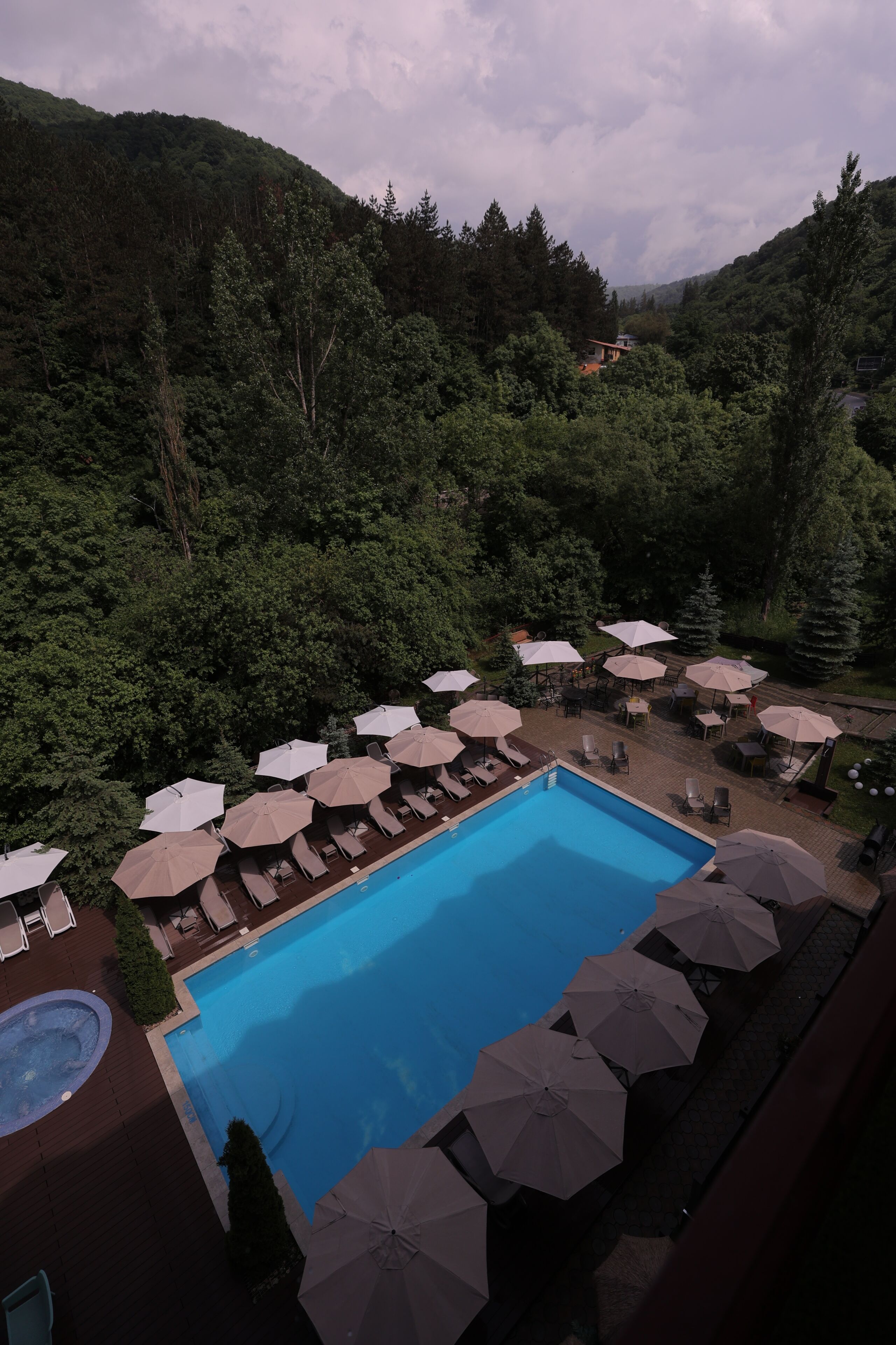 A pool area with lounge chairs and umbrellas, surrounded by dense forest.