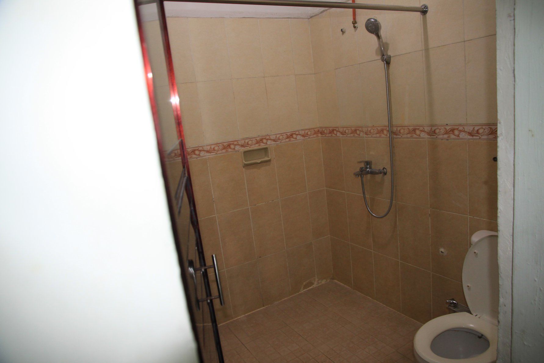 Et lille, aflukket bruseområde med toilet.