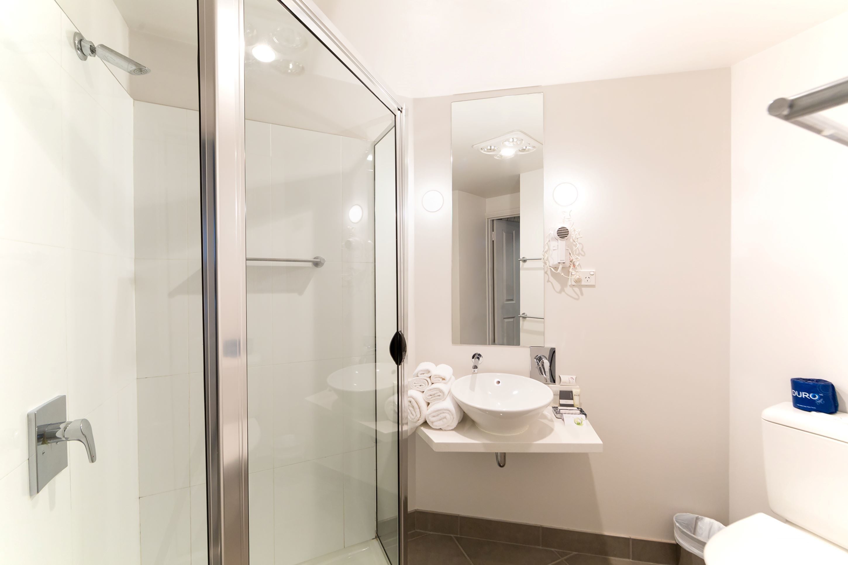 shower, free toiletries, hair dryer, towels