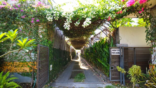 A narrow alleyway with a cobblestone path, surrounded by lush greenery and flowering plants. A sign indicates the location as "Harap Tulu Pintu Kemb." - Sayang Residence 2 (Denpasar)