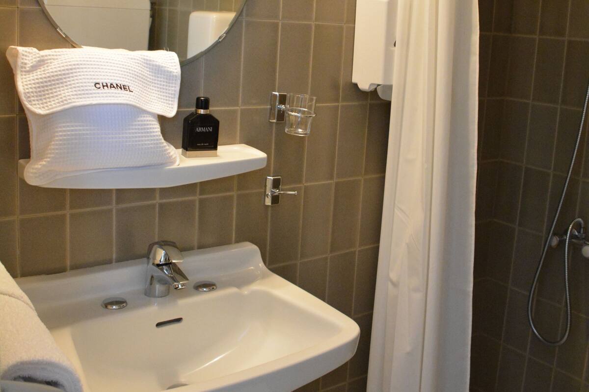 economy double room | bathroom | shower, hair dryer, towels