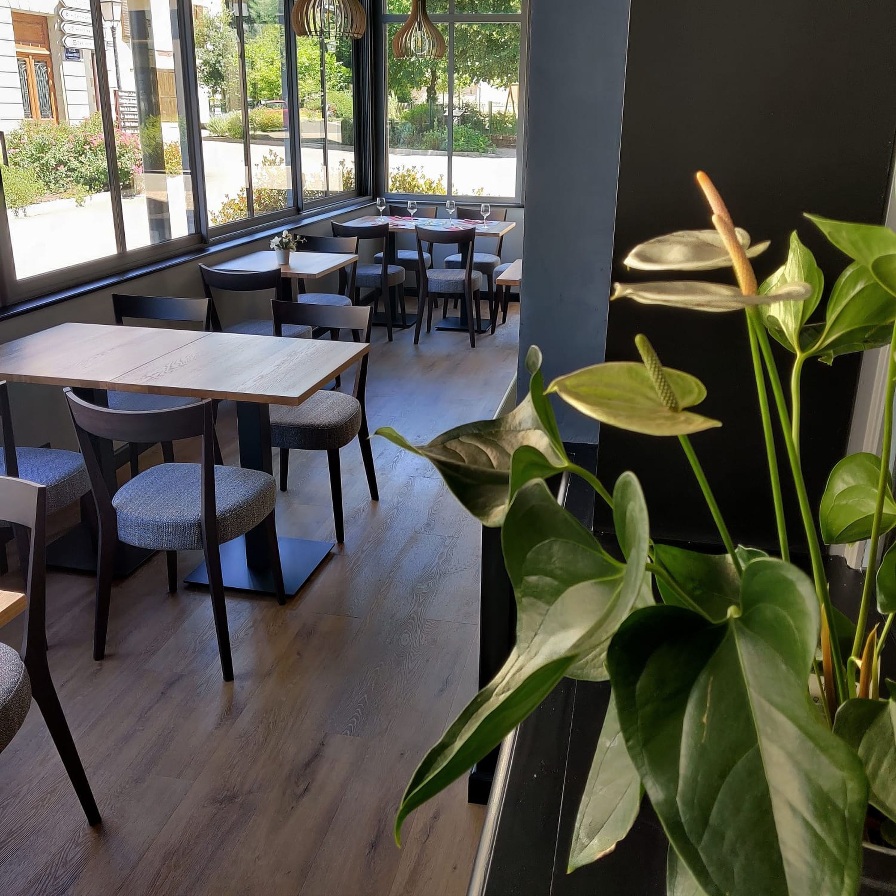 A restaurant interior with wooden tables and chairs, large windows, and indoor plants.