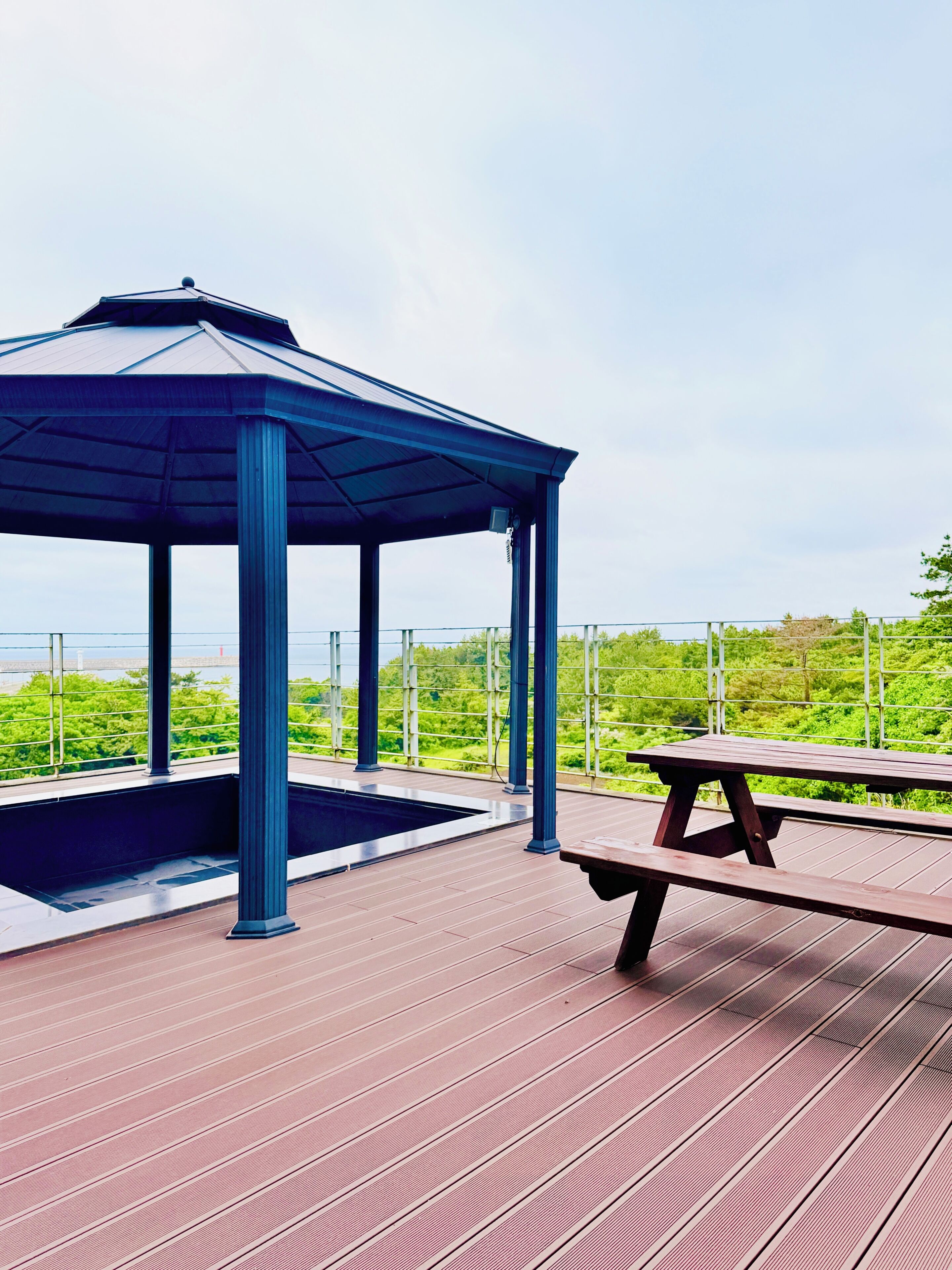 Ein Pavillon mit Pool, Picknicktisch und Blick auf Grünflächen und ein Gewässer.
