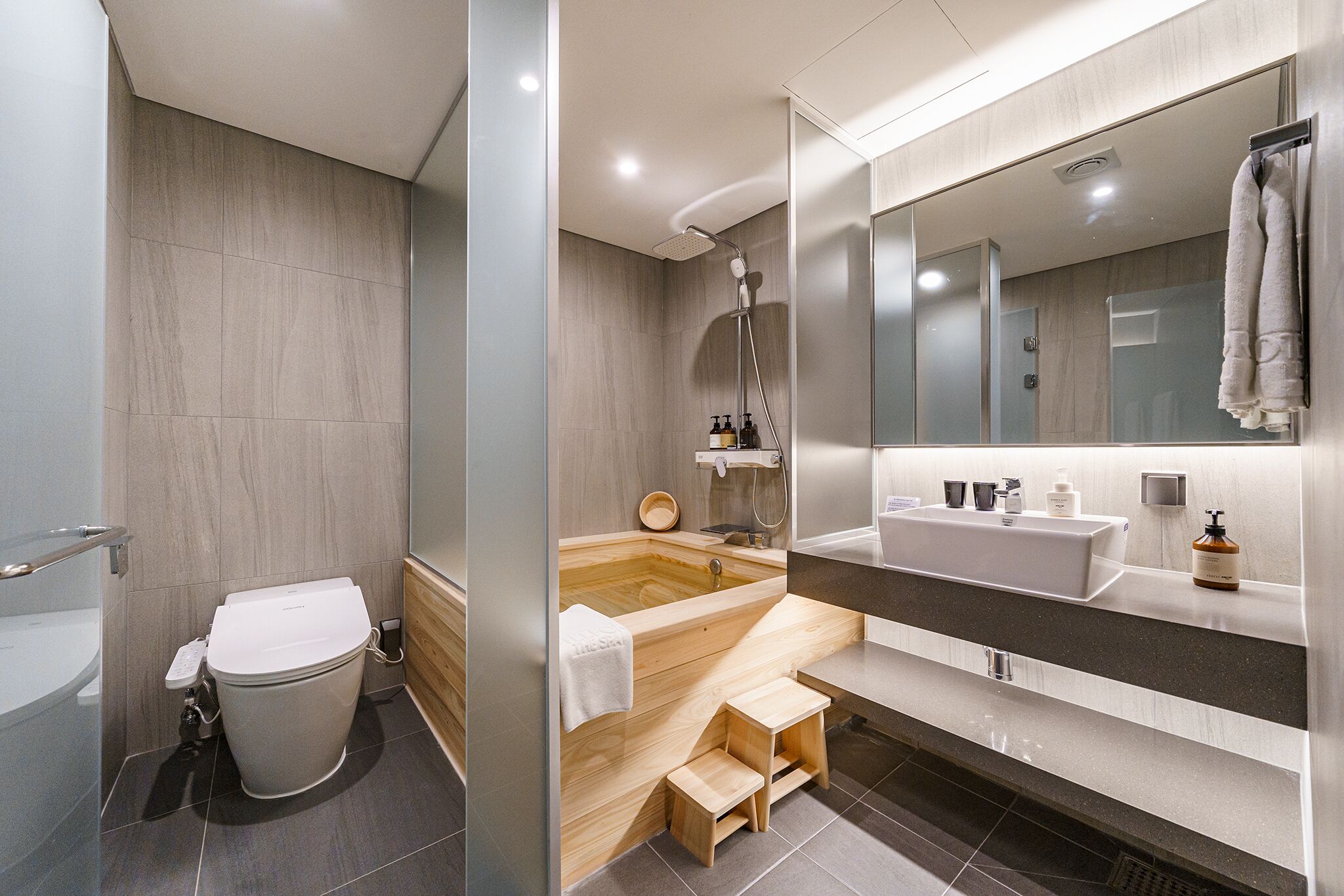 deluxe hinoki family twin - free breakfast for 2 (rice noodle) - room is larger than most | bathroom | designer toiletries, hair dryer, bathrobes, slippers