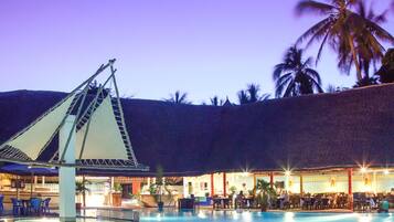 Outdoor pool, pool umbrellas, pool loungers