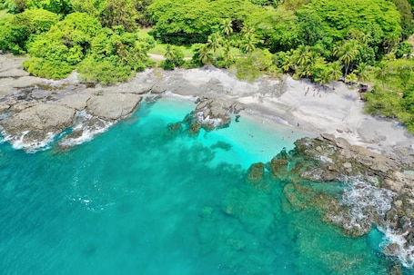 An aerial view of a beach with clear turquoise waters, rocky areas, and dense green foliage.