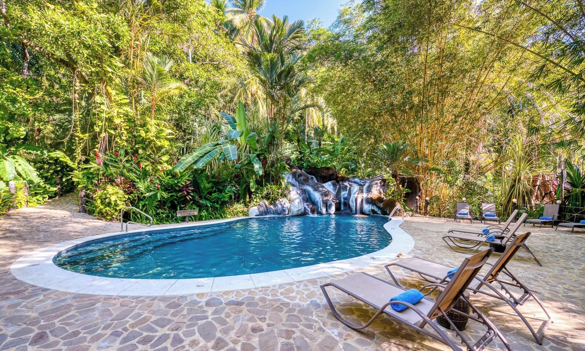 Una piscina con caída de agua, rodeada de exuberante follaje y suelo de piedra.