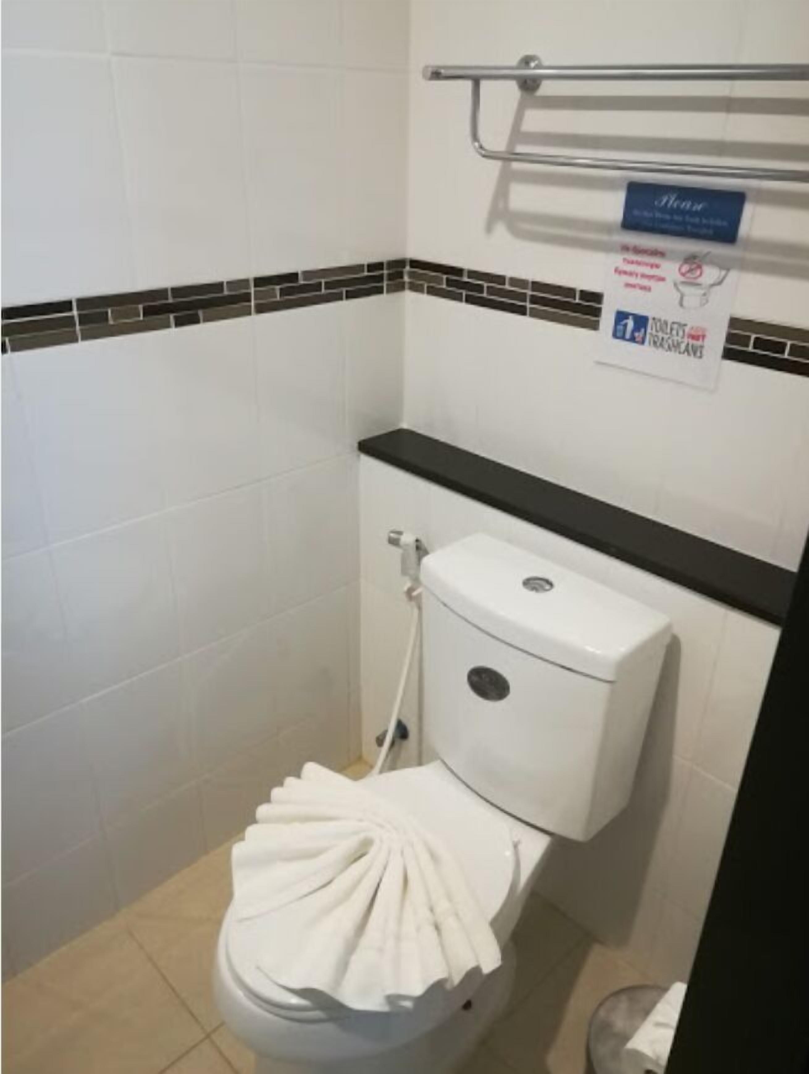 A bathroom with a white toilet, a black countertop, and a tiled wall with a black and white pattern.