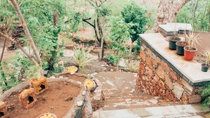 Una escalera de piedra que sube a un jardín en la azotea, con plantas en macetas y un pequeño espacio para sentarse.