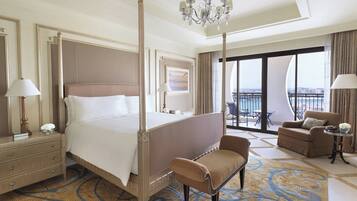 A four-poster bed with a view of the city, a balcony with a chair, and a patterned rug.