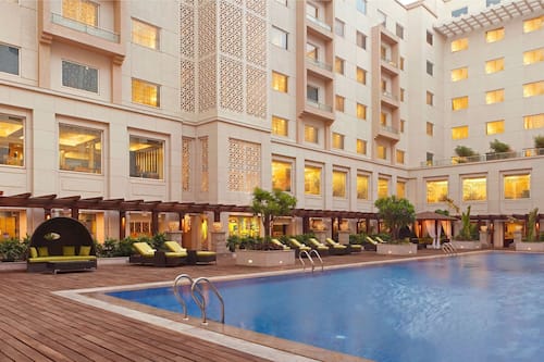 Outdoor pool, pool umbrellas, pool loungers