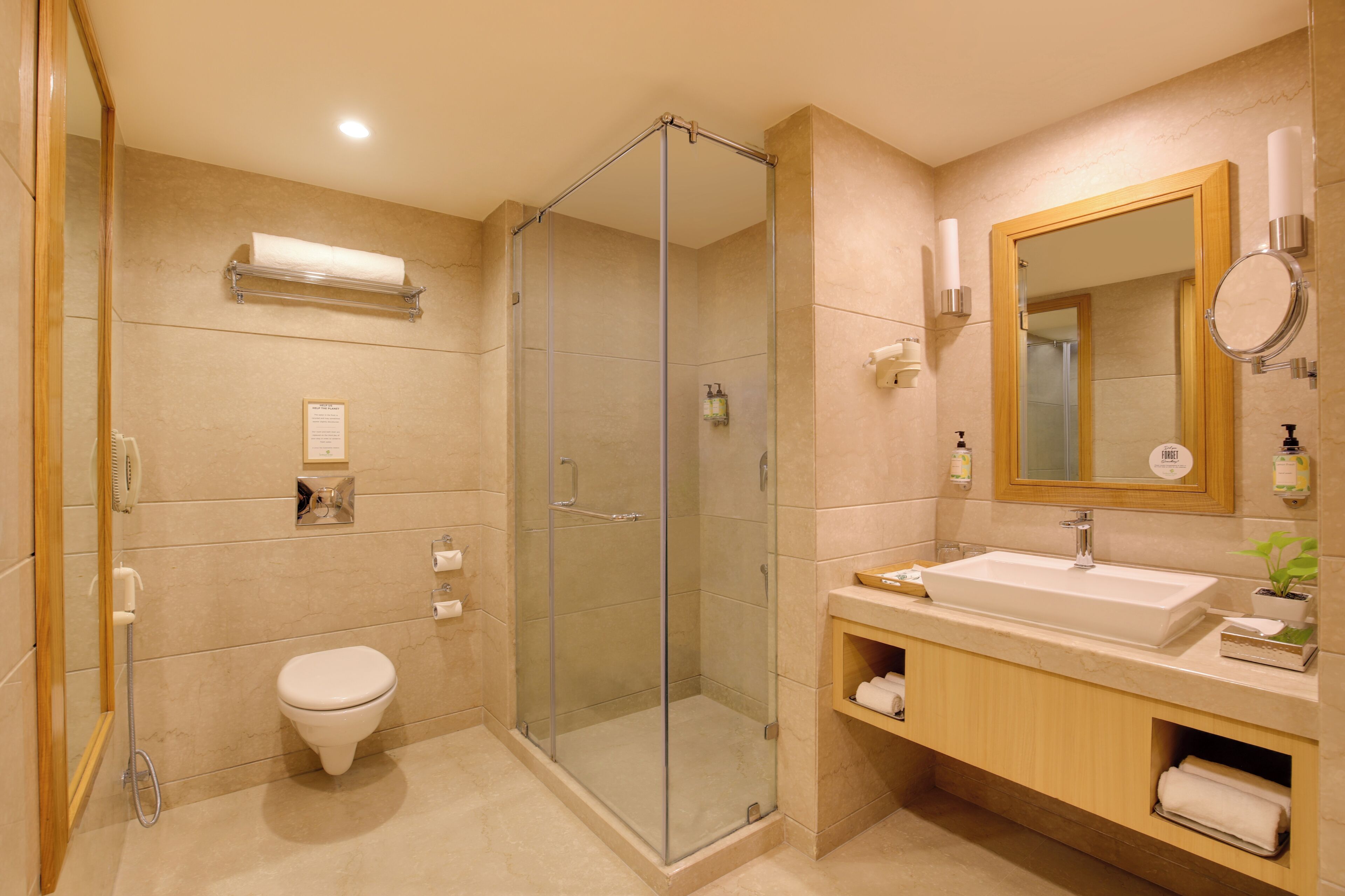 A modern bathroom with a glass-enclosed shower, a white toilet, a sink with a mirror, and a towel rack.