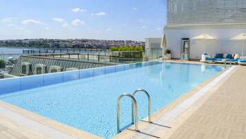 A rooftop pool with clear blue water, a view of a cityscape, and a seating area with umbrellas.
