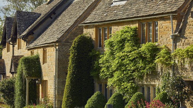 Une rangée de maisons en pierre aux toits à forte pente, dont certaines sont recouvertes de lierre, et un jardin bien entretenu avec divers arbustes et fleurs.