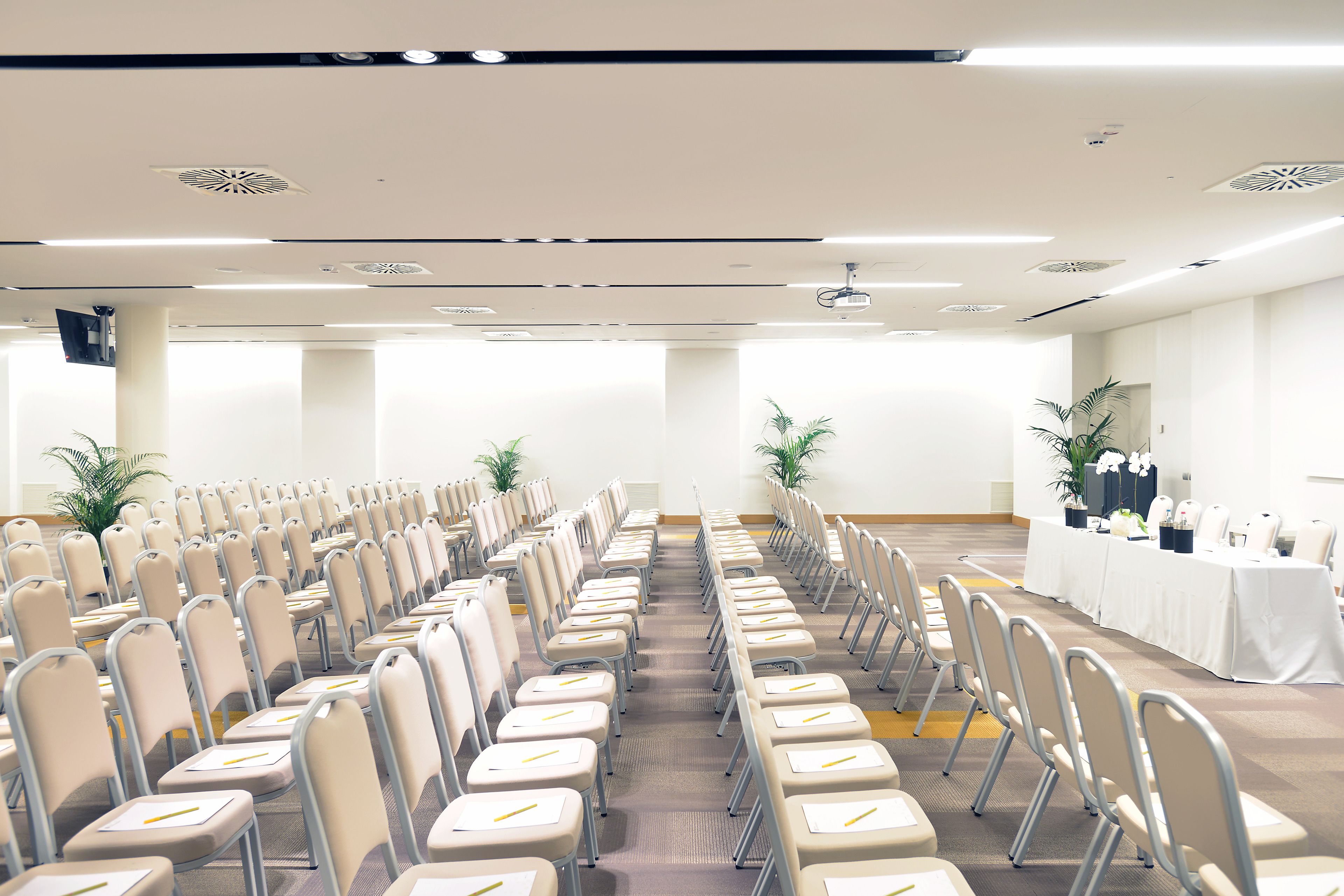 A conference room with rows of chairs, a white table with a speaker, and potted plants.