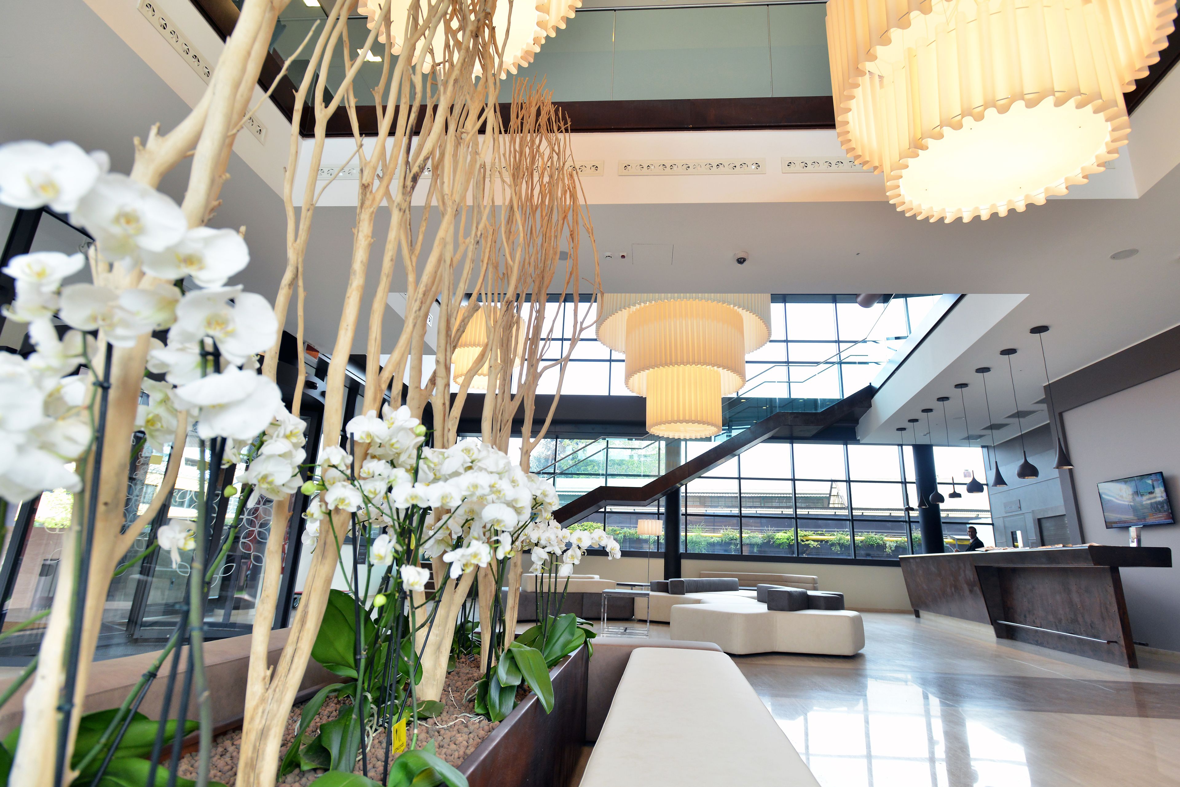 A modern lobby with a reception desk, seating areas, and large windows allowing natural light.