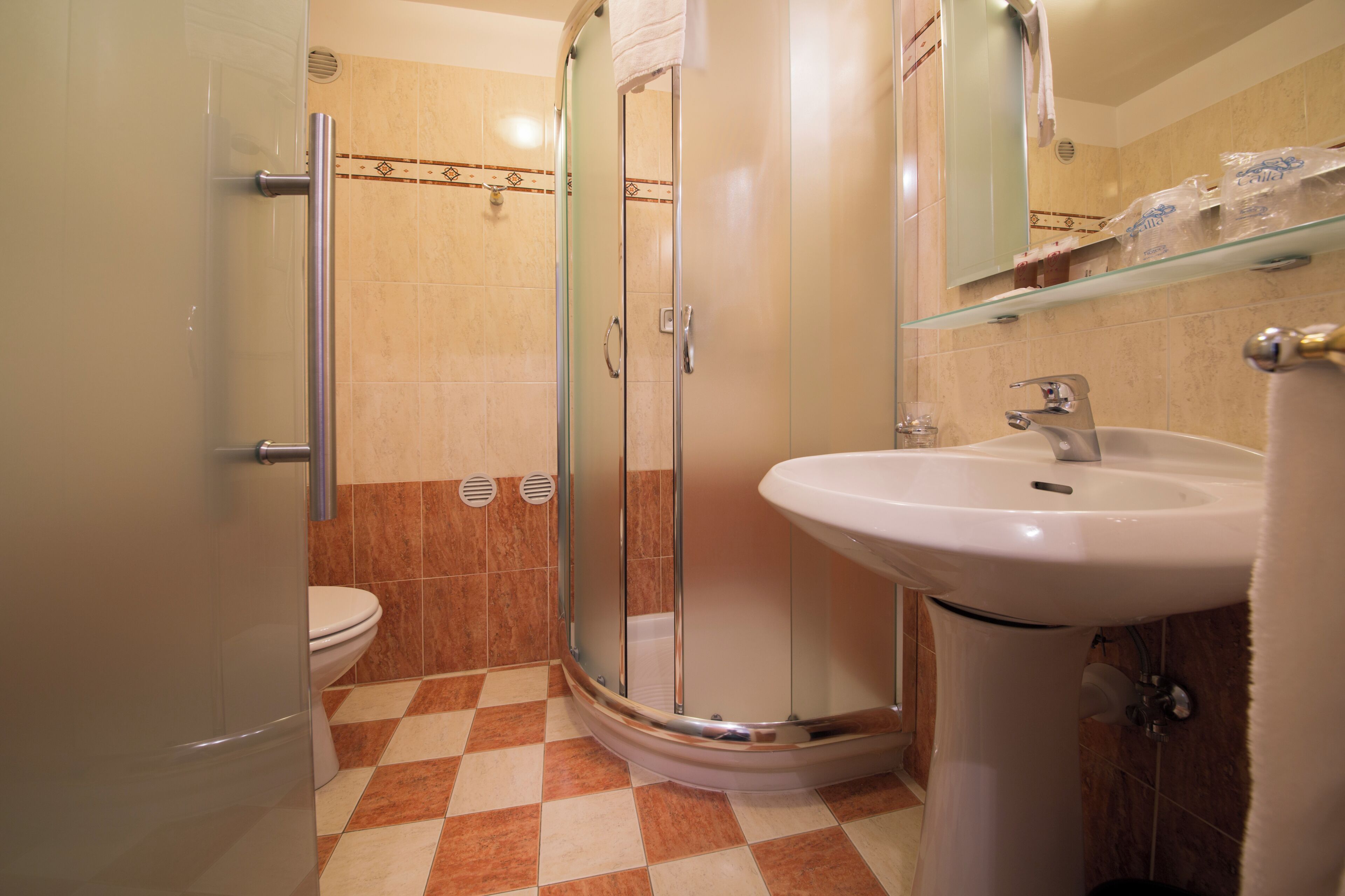 Un baño con cabina de ducha de vidrio, un lavamanos blanco y un inodoro.