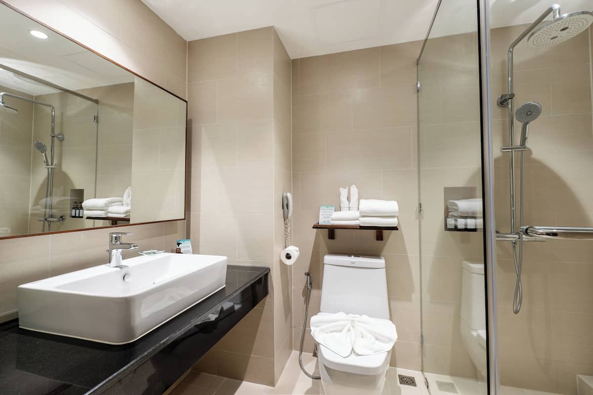 shower, rainfall showerhead, free toiletries, hair dryer