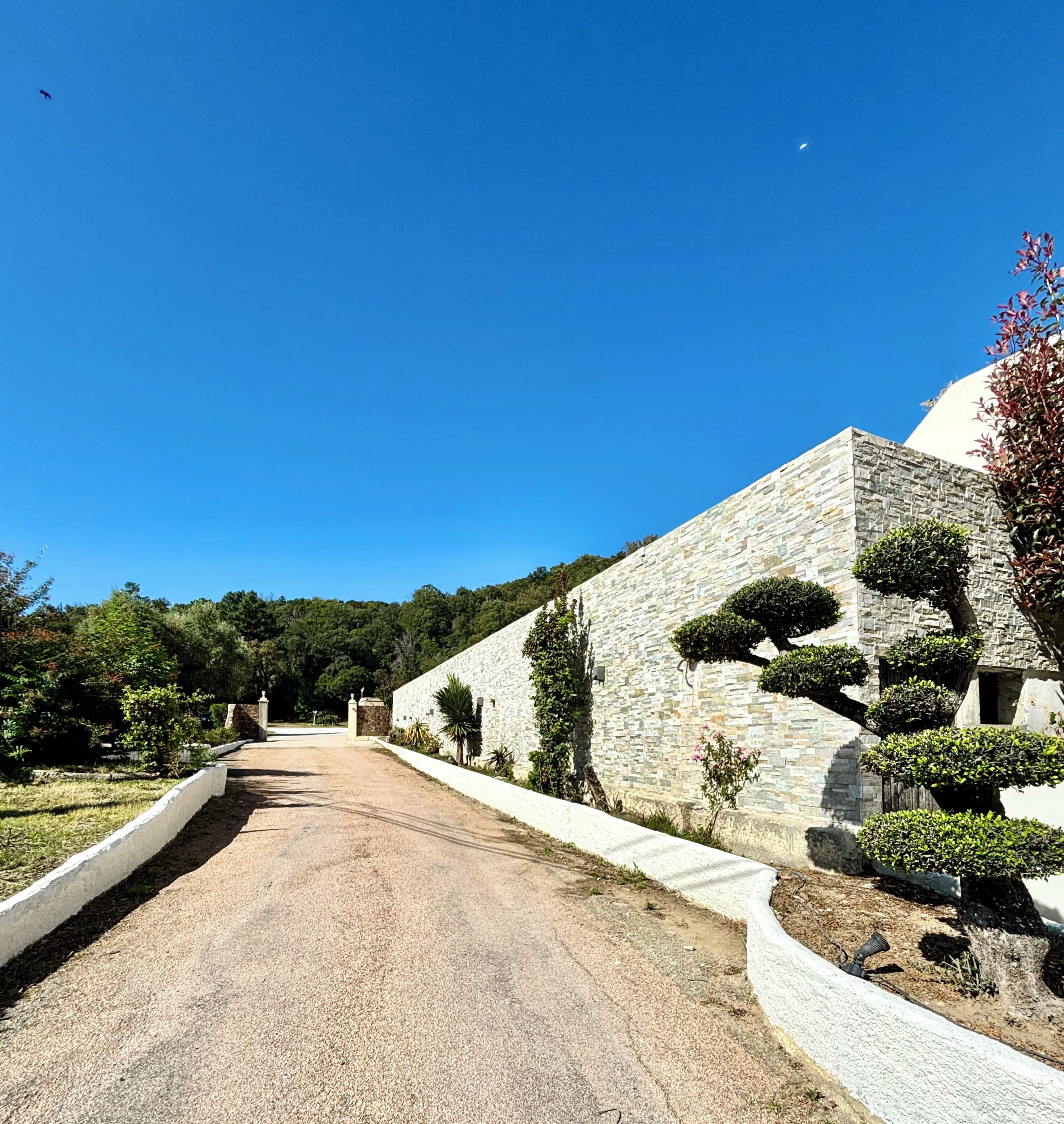 Un sendero conduce a un edificio de piedra con cúpula, rodeado de jardines cuidados y árboles.