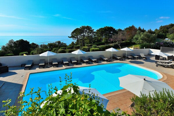 Outdoor pool, pool umbrellas, pool loungers